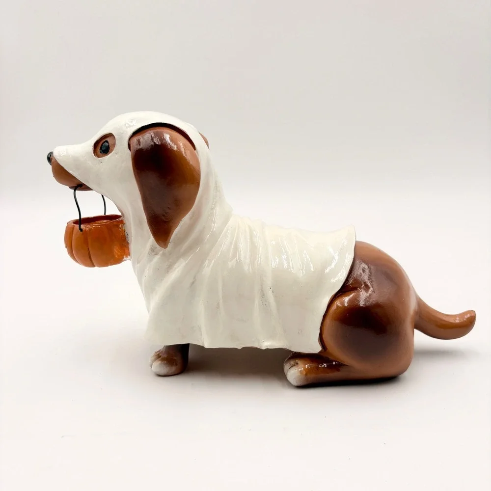 Halloween Dachshund Ghost Figurine Pumpkin Pail Wiener Dog Resin Decor Doxie
